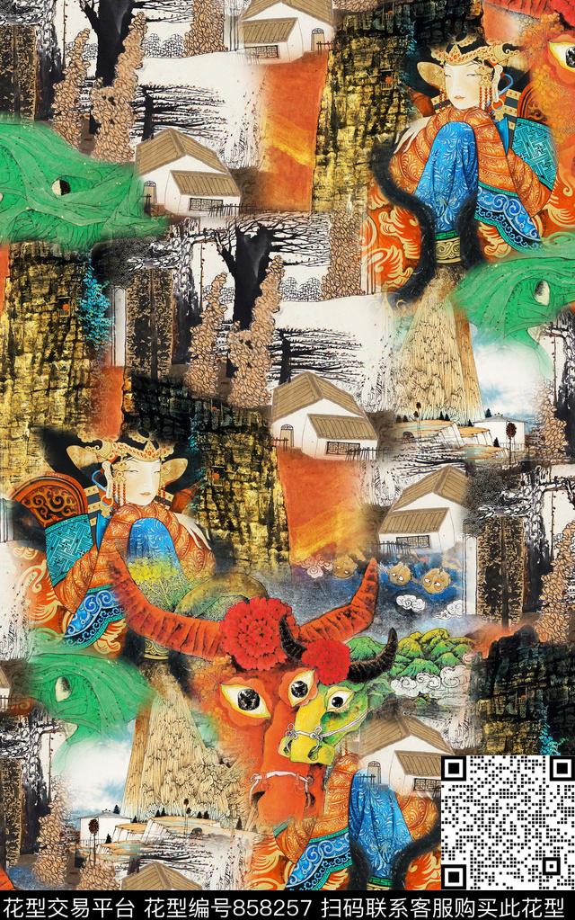 民族风中国画中国风数码印花华亿平台下载（图片编号: 858257） - 瓦栏（Walan）