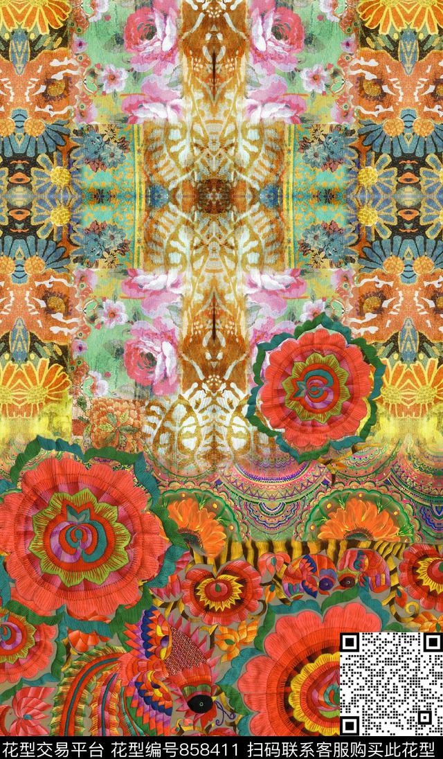 花朵民族风中国风数码印花华亿平台下载（图片编号: 858411） - 瓦栏（Walan）
