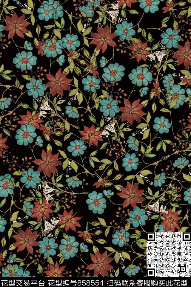 手绘花卉花朵传统印花华亿平台下载（图片编号: 858554） - 瓦栏（Walan）