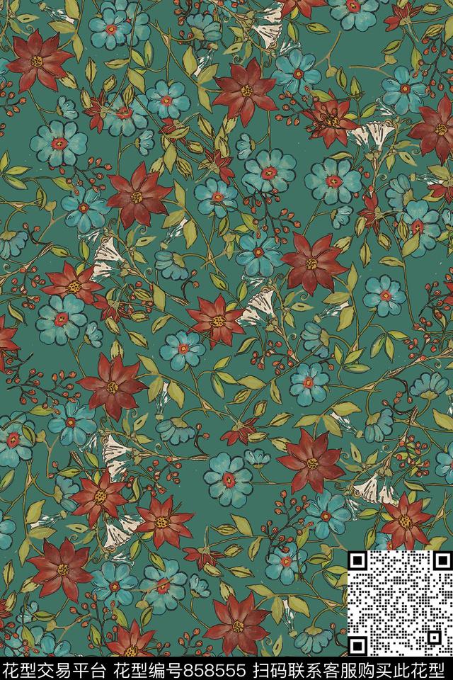 手绘花卉花朵传统印花华亿平台下载（图片编号: 858555） - 瓦栏（Walan）