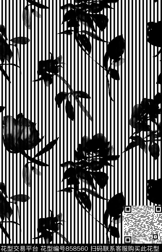 水墨花卉创意条纹DG玫瑰数码印花华亿平台下载（图片编号: 858560） - 瓦栏（Walan）