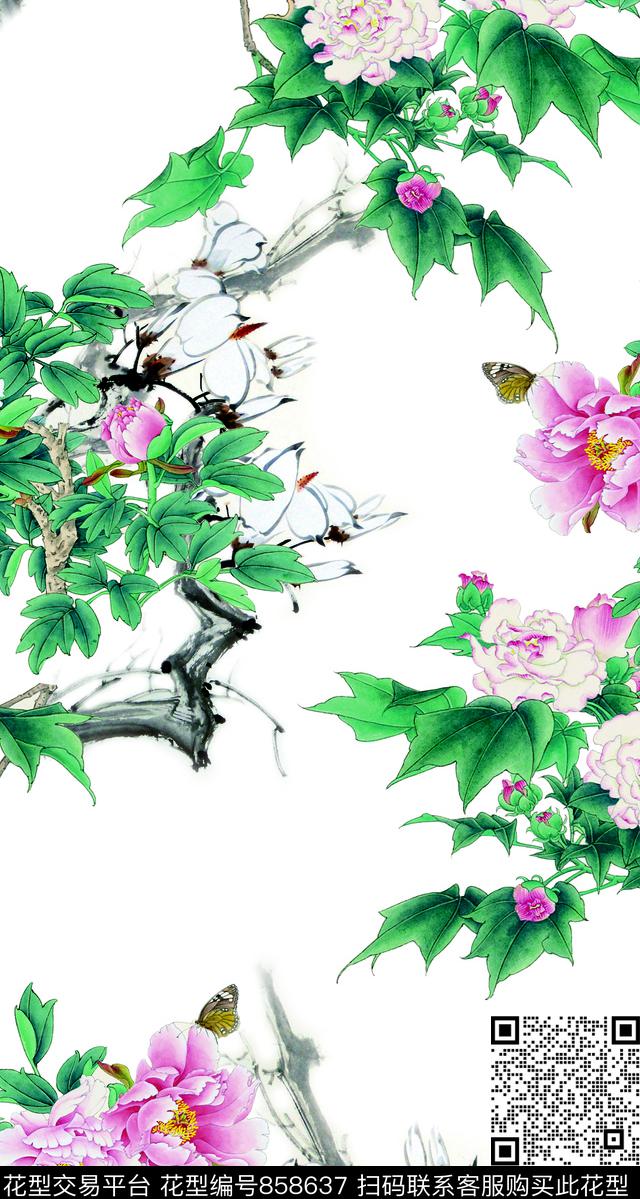 牡丹花卉手绘数码印花华亿平台下载（图片编号: 858637） - 瓦栏（Walan）