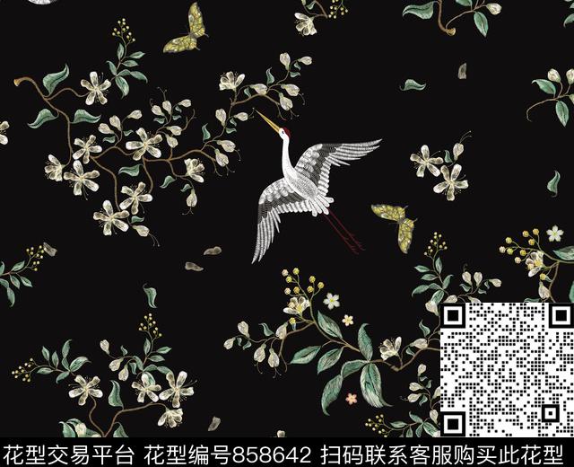 绣花印花丹顶鹤梅花数码印花华亿平台下载（图片编号: 858642） - 瓦栏（Walan）