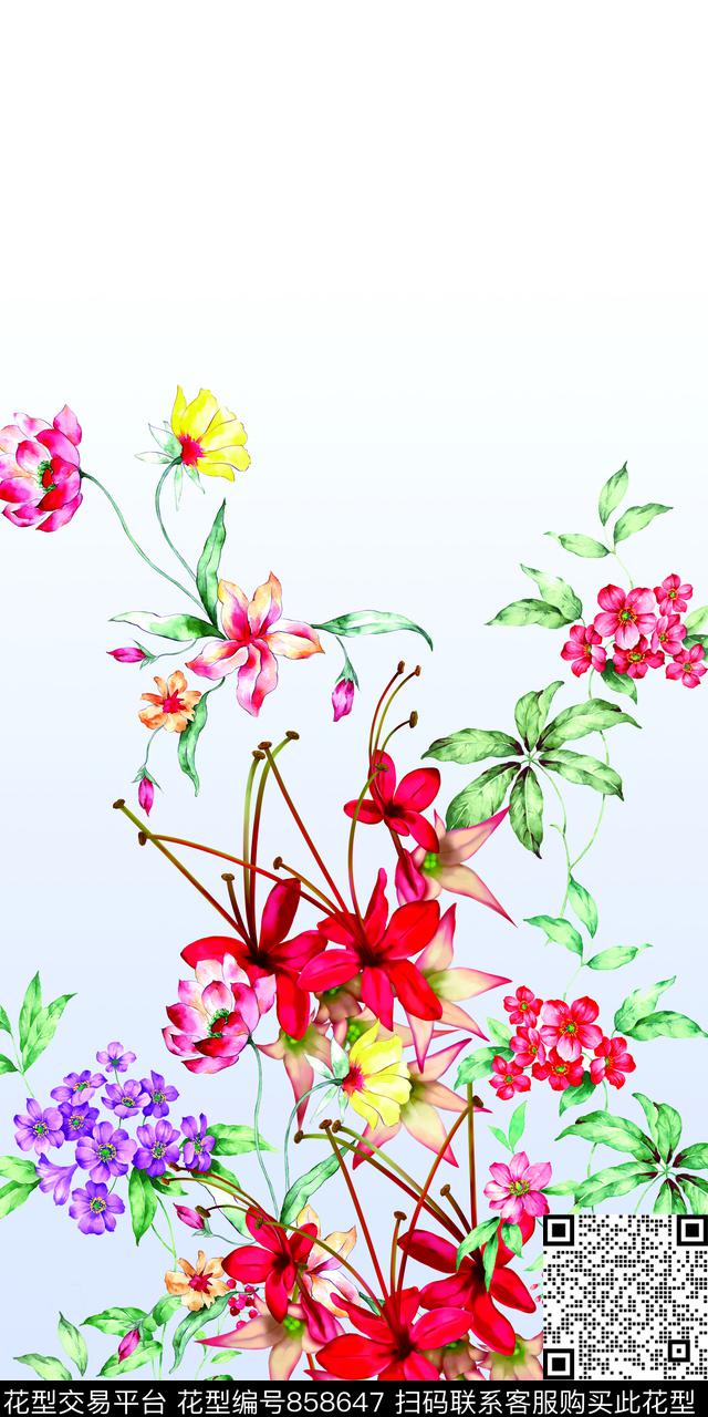 花卉手绘流行时尚数码印花华亿平台下载（图片编号: 858647） - 瓦栏（Walan）