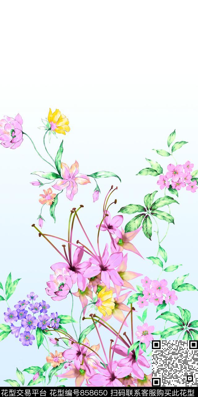 花卉手绘流行时尚数码印花华亿平台下载（图片编号: 858650） - 瓦栏（Walan）