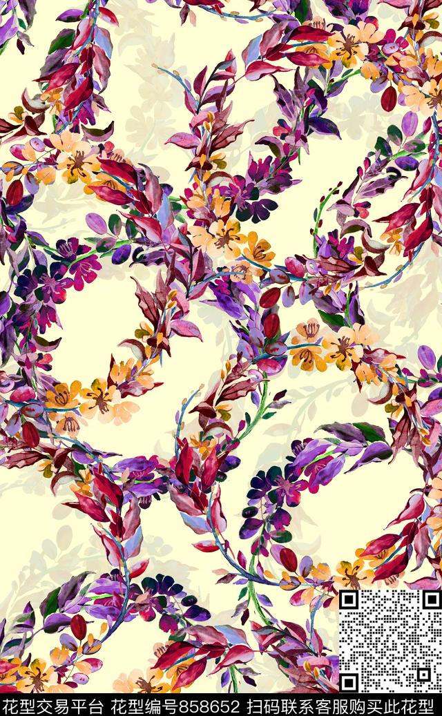 时尚花卉手绘花卉圈圈数码印花华亿平台下载（图片编号: 858652） - 瓦栏（Walan）