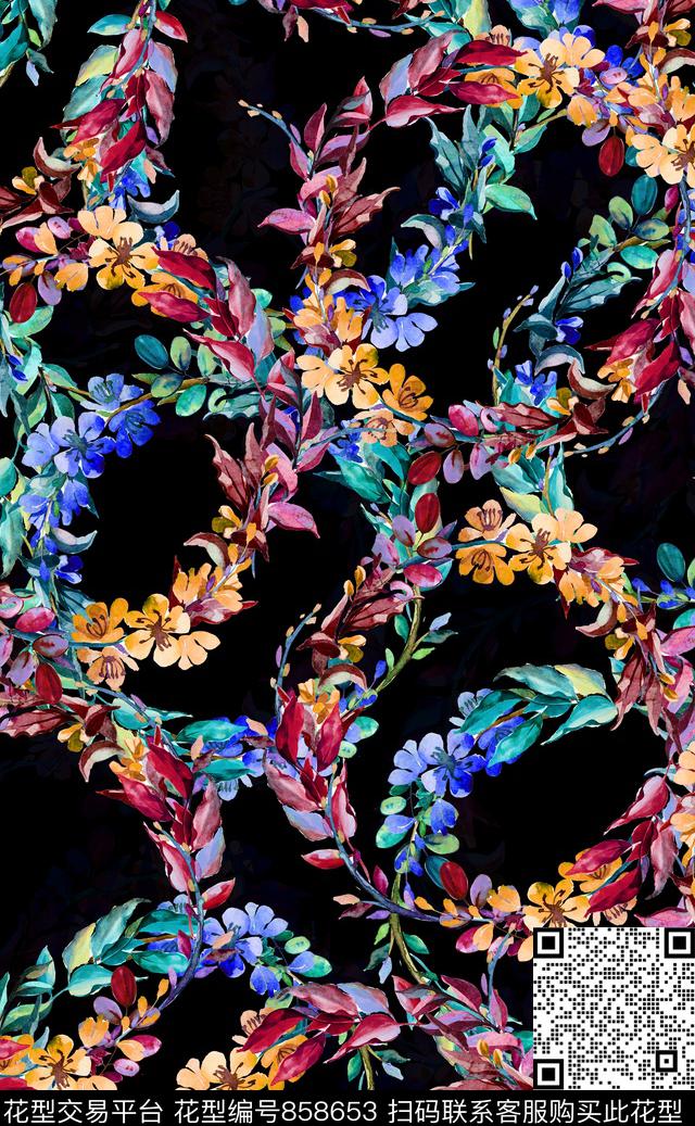 时尚花卉手绘花卉圈圈数码印花华亿平台下载（图片编号: 858653） - 瓦栏（Walan）