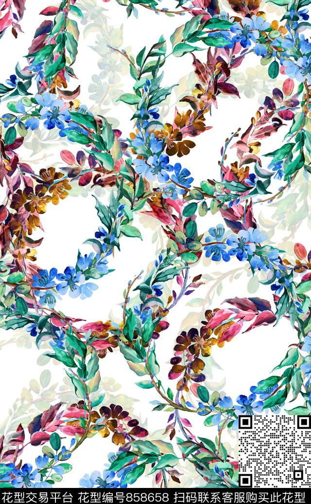 时尚花卉手绘花卉圈圈数码印花华亿平台下载（图片编号: 858658） - 瓦栏（Walan）