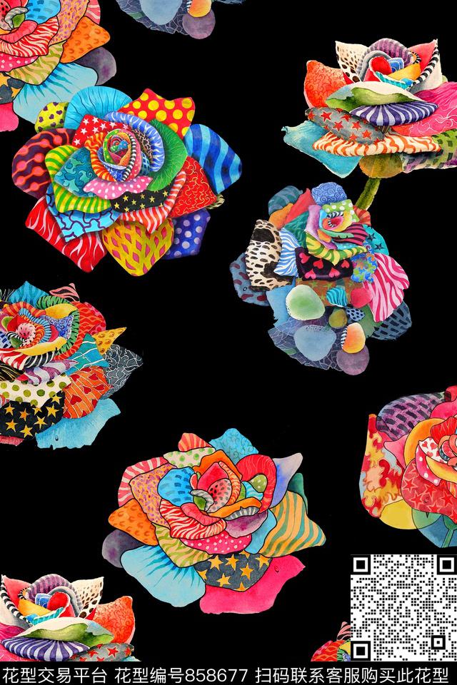 花卉几何玫瑰数码印花华亿平台下载（图片编号: 858677） - 瓦栏（Walan）
