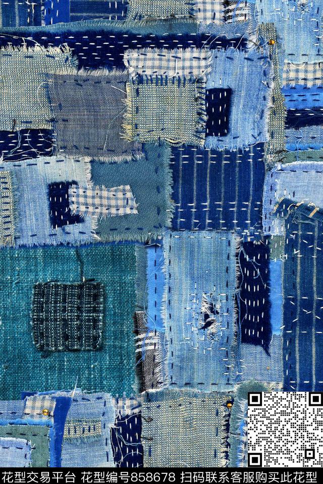 拼接几何牛仔布数码印花华亿平台下载（图片编号: 858678） - 瓦栏（Walan）