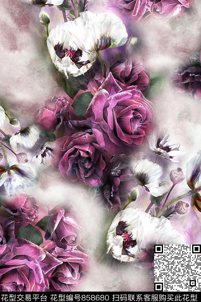 花卉玫瑰朦胧数码印花华亿平台下载（图片编号: 858680） - 瓦栏（Walan）