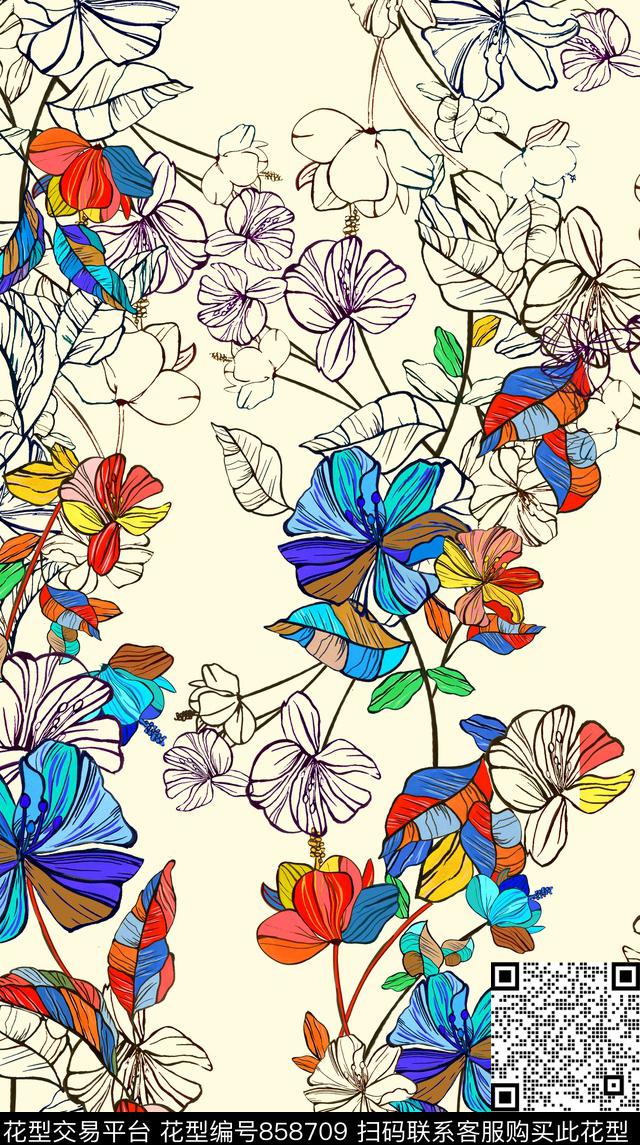 花朵抽象花卉数码印花华亿平台下载（图片编号: 858709） - 瓦栏（Walan）