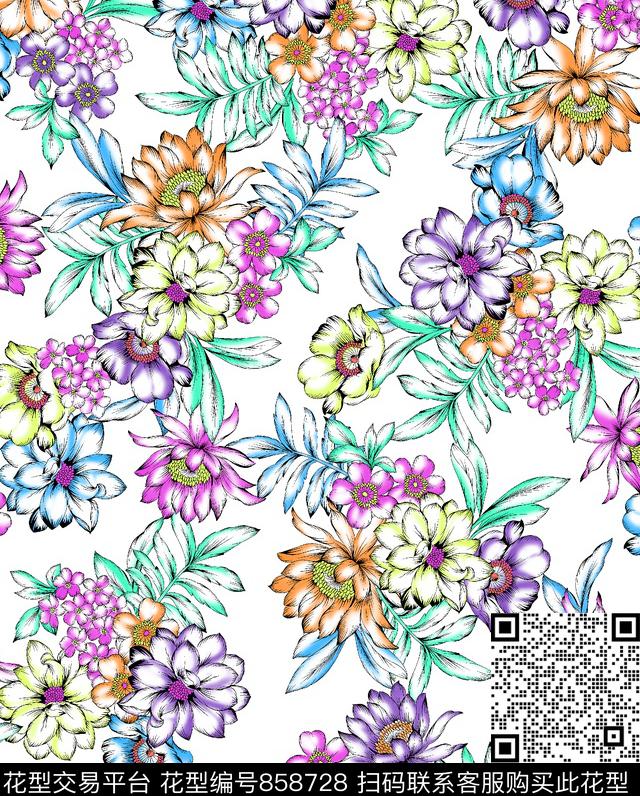 大花少女衣裙系列热带传统印花华亿平台下载（图片编号: 858728） - 瓦栏（Walan）