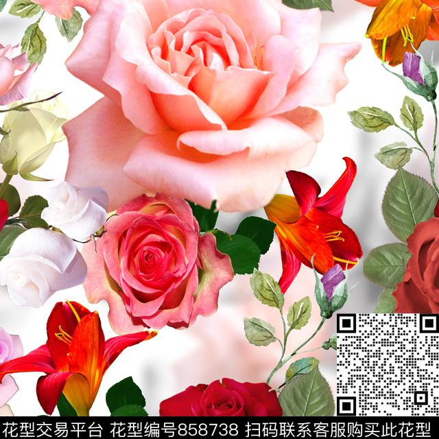 唯美花卉植物鲜花数码印花华亿平台下载（图片编号: 858738） - 瓦栏（Walan）