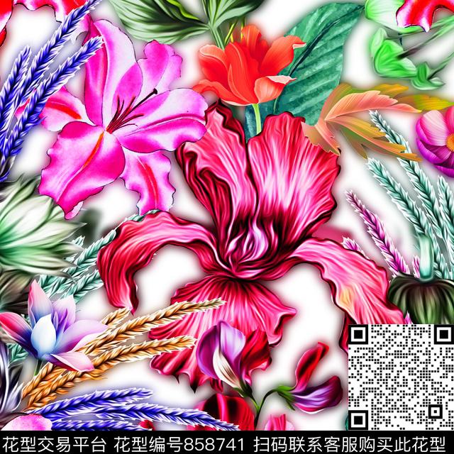 手绘花卉百合油画数码印花华亿平台下载（图片编号: 858741） - 瓦栏（Walan）