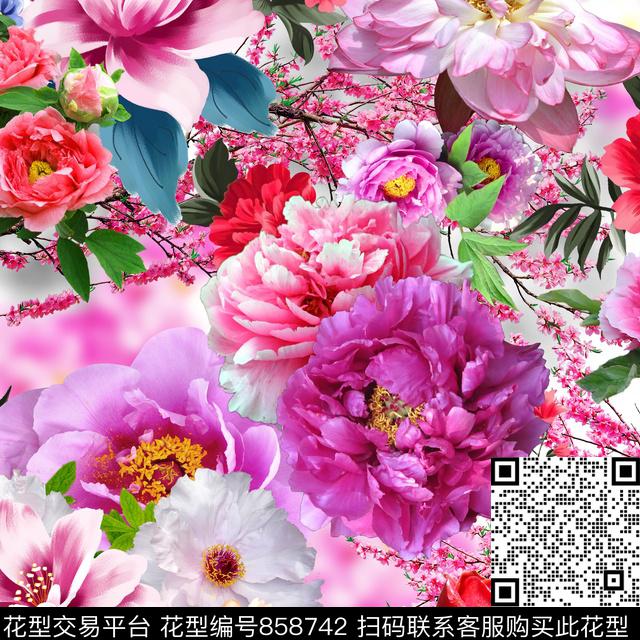牡丹梅花写实数码印花华亿平台下载（图片编号: 858742） - 瓦栏（Walan）