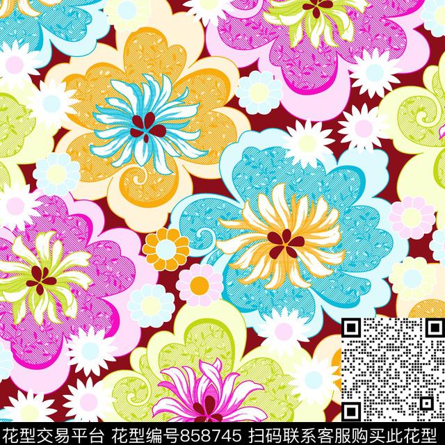 大花花朵花卉数码印花华亿平台下载（图片编号: 858745） - 瓦栏（Walan）