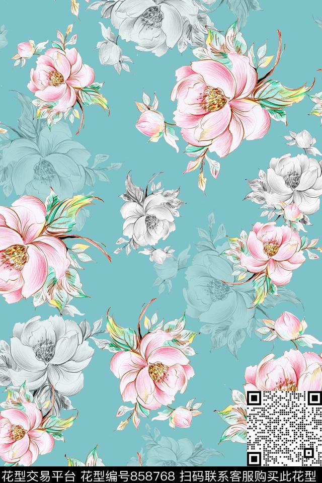 小清新手绘花卉满版散花数码印花华亿平台下载（图片编号: 858768） - 瓦栏（Walan）