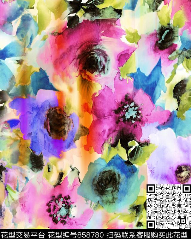 艺术彩色唯美花卉手绘数码印花华亿平台下载（图片编号: 858780） - 瓦栏（Walan）
