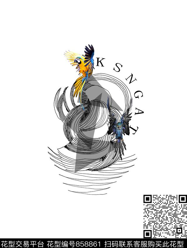 抽象纹理几何拼块鸟数码印花华亿平台下载（图片编号: 858861） - 瓦栏（Walan）