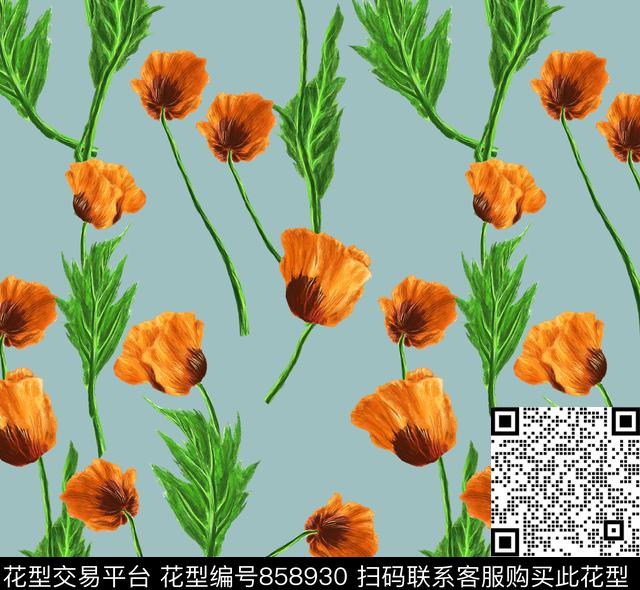 大花花卉虞美人数码印花华亿平台下载（图片编号: 858930） - 瓦栏（Walan）