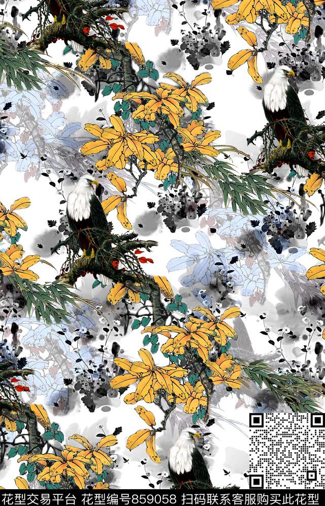 男装中国风花鸟数码印花华亿平台下载（图片编号: 859058） - 瓦栏（Walan）
