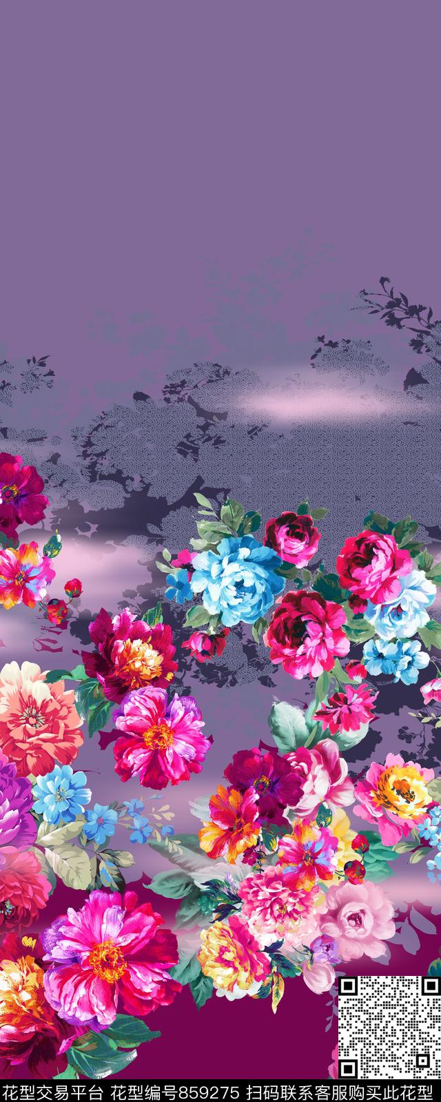 花卉定位花手绘花数码印花华亿平台下载（图片编号: 859275） - 瓦栏（Walan）