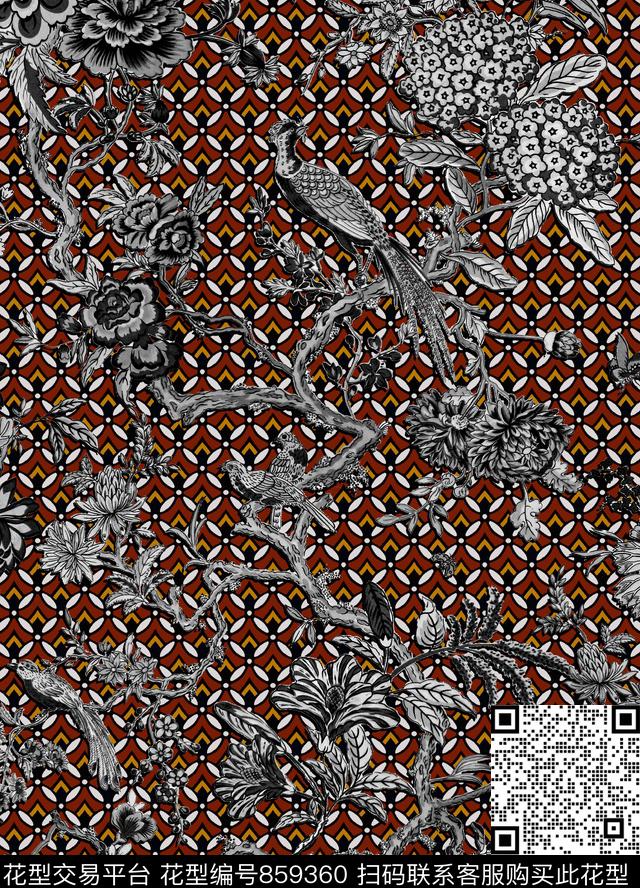 几何花鸟格子数码印花华亿平台下载（图片编号: 859360） - 瓦栏（Walan）