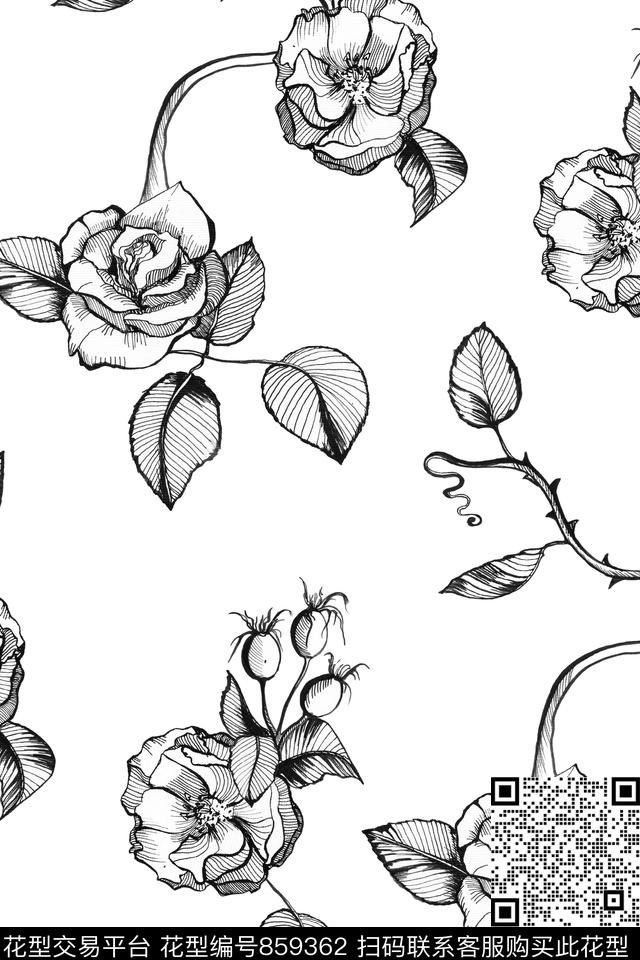 花卉线描玫瑰数码印花华亿平台下载（图片编号: 859362） - 瓦栏（Walan）