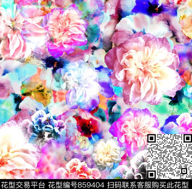 手绘花卉艺术彩色炫彩数码印花华亿平台下载（图片编号: 859404） - 瓦栏（Walan）