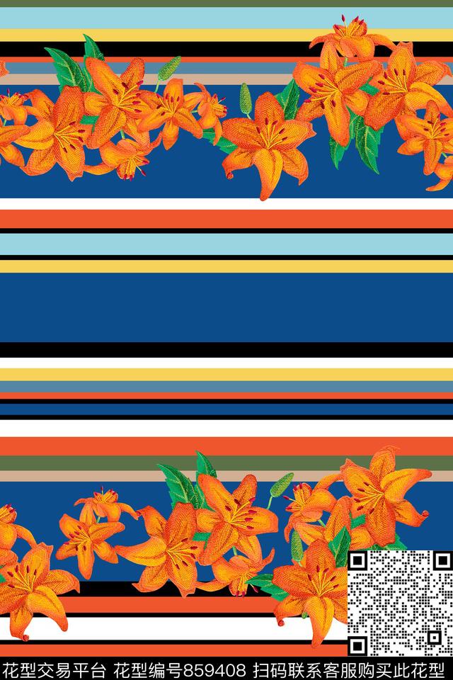 百合花卉彩色条纹传统印花华亿平台下载（图片编号: 859408） - 瓦栏（Walan）
