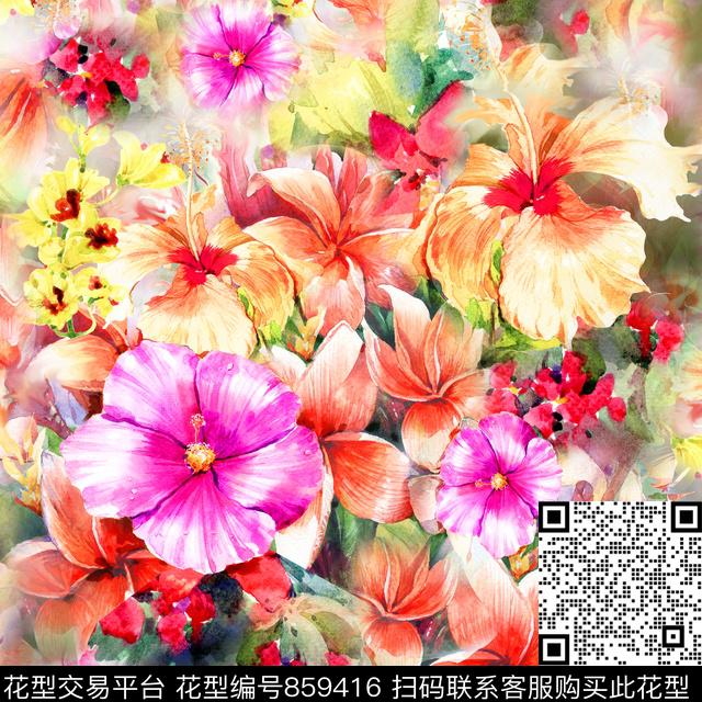彩染炫彩手绘花卉数码印花华亿平台下载（图片编号: 859416） - 瓦栏（Walan）