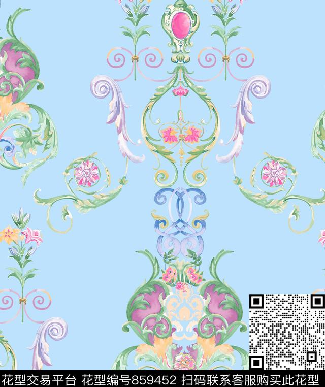 花卉对称花欧式花传统印花华亿平台下载（图片编号: 859452） - 瓦栏（Walan）