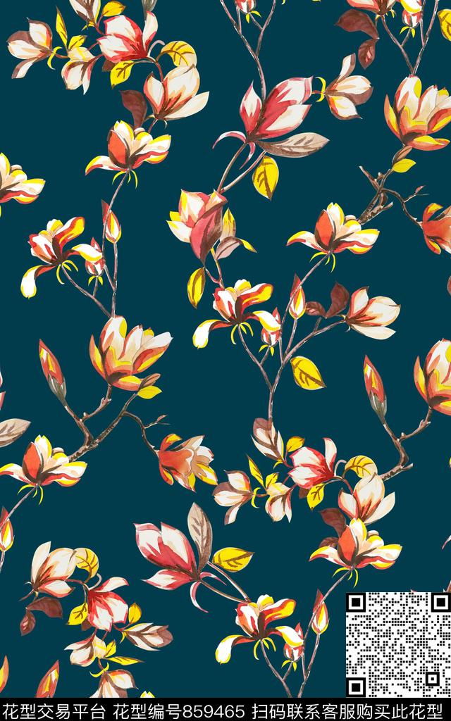 花卉玉兰花木兰花传统印花华亿平台下载（图片编号: 859465） - 瓦栏（Walan）