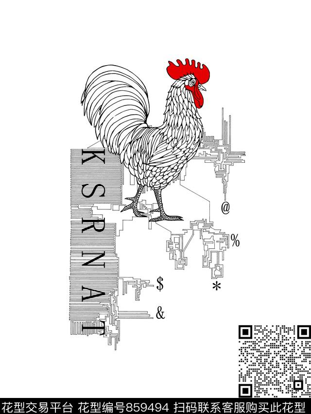 公鸡抽象纹理男装T恤华亿平台传统印花华亿平台下载（图片编号: 859494） - 瓦栏（Walan）