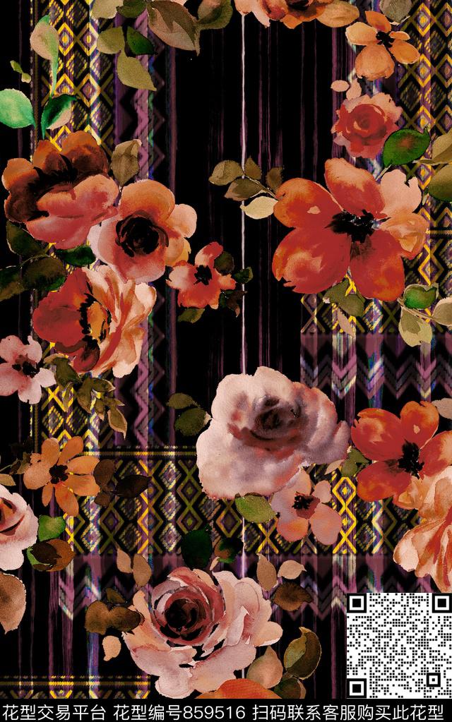 花卉波西米亚中国风数码印花华亿平台下载（图片编号: 859516） - 瓦栏（Walan）