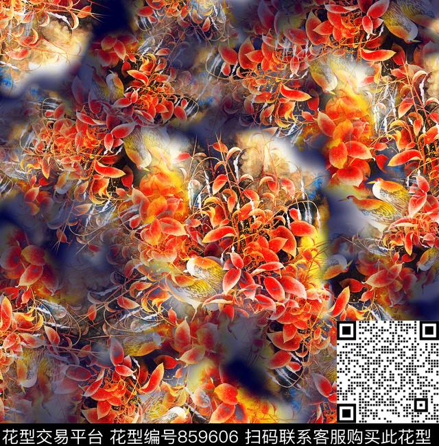 叶子鸟中国风红红火火数码印花华亿平台下载（图片编号: 859606） - 瓦栏（Walan）