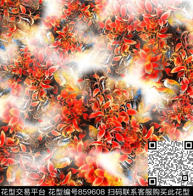 叶子鸟中国风红红火火数码印花华亿平台下载（图片编号: 859608） - 瓦栏（Walan）