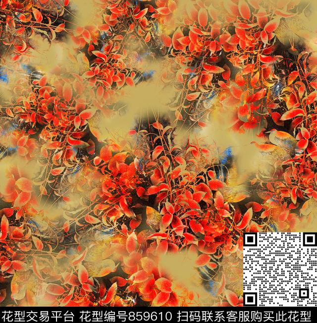 叶子鸟中国风红红火火数码印花华亿平台下载（图片编号: 859610） - 瓦栏（Walan）
