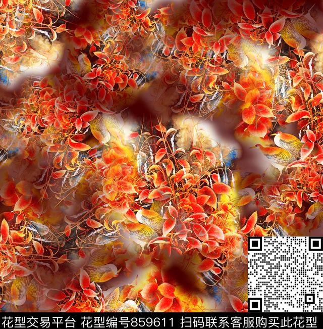叶子鸟中国风红红火火数码印花华亿平台下载（图片编号: 859611） - 瓦栏（Walan）