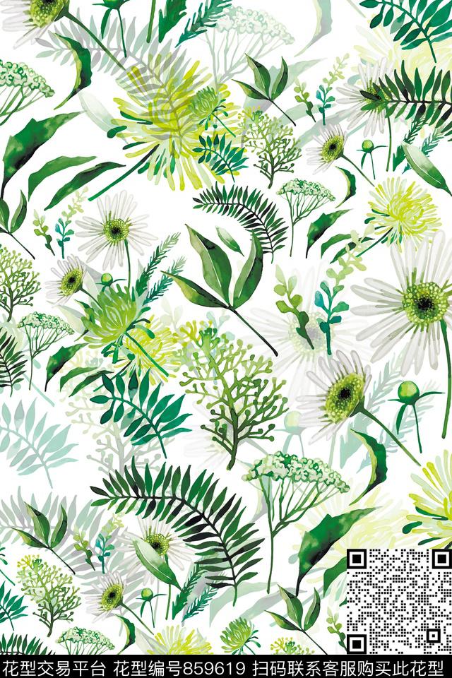 竹叶菊花棕榈叶数码印花华亿平台下载（图片编号: 859619） - 瓦栏（Walan）