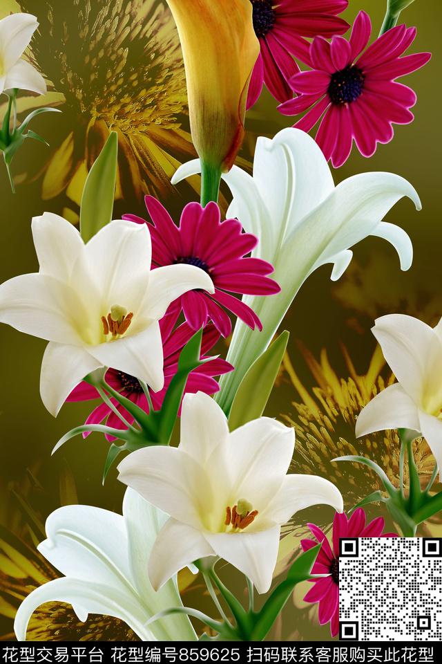 时尚手绘百合数码印花华亿平台下载（图片编号: 859625） - 瓦栏（Walan）