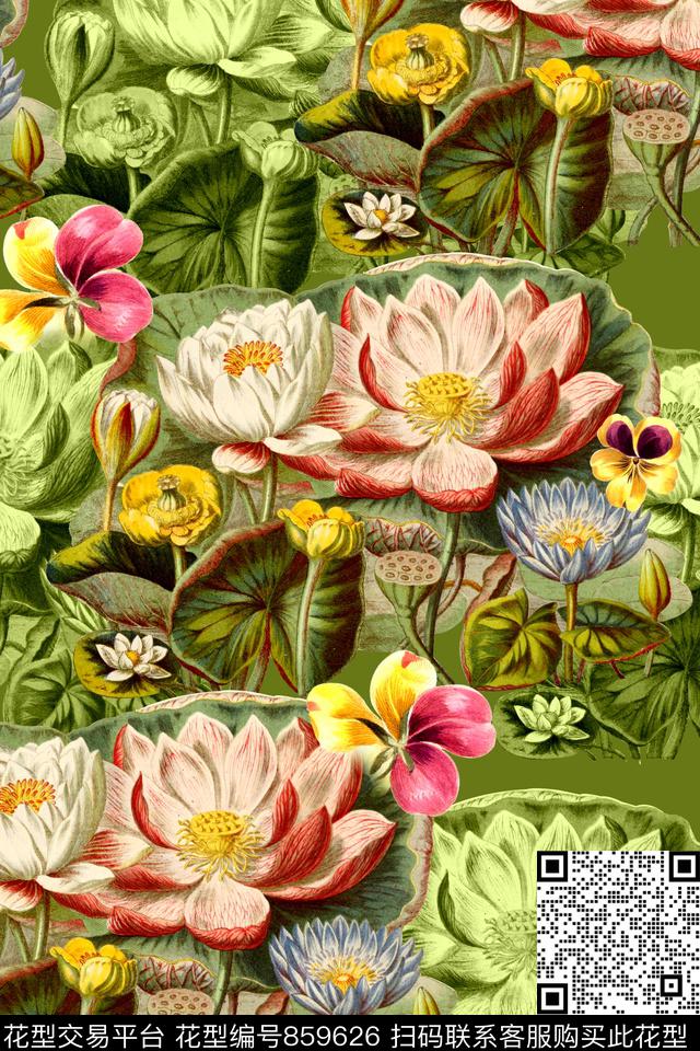 时尚手绘荷花数码印花华亿平台下载（图片编号: 859626） - 瓦栏（Walan）