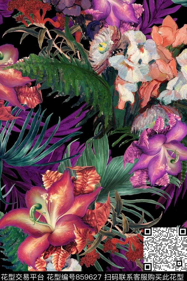 手绘花卉中老年数码印花华亿平台下载（图片编号: 859627） - 瓦栏（Walan）