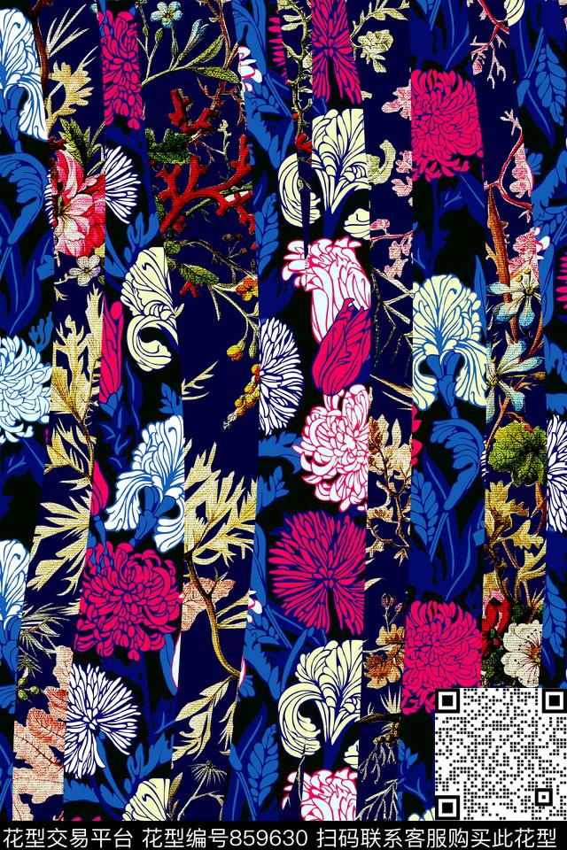 几何条纹花卉数码印花华亿平台下载（图片编号: 859630） - 瓦栏（Walan）