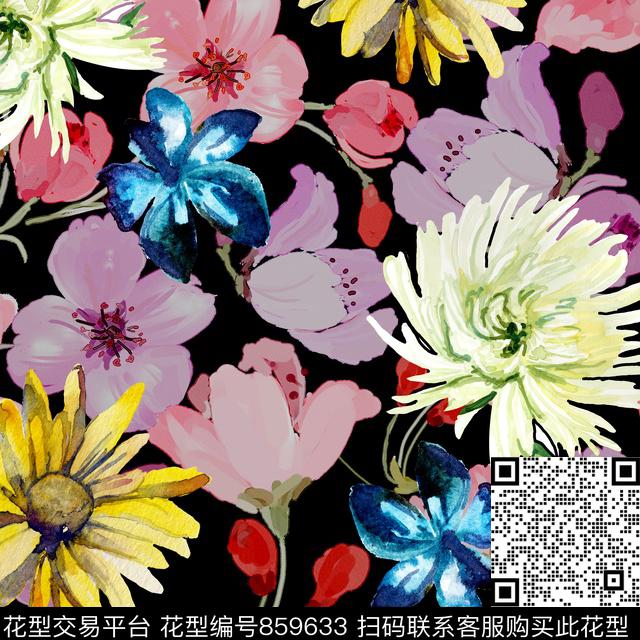 时尚手绘水彩数码印花华亿平台下载（图片编号: 859633） - 瓦栏（Walan）