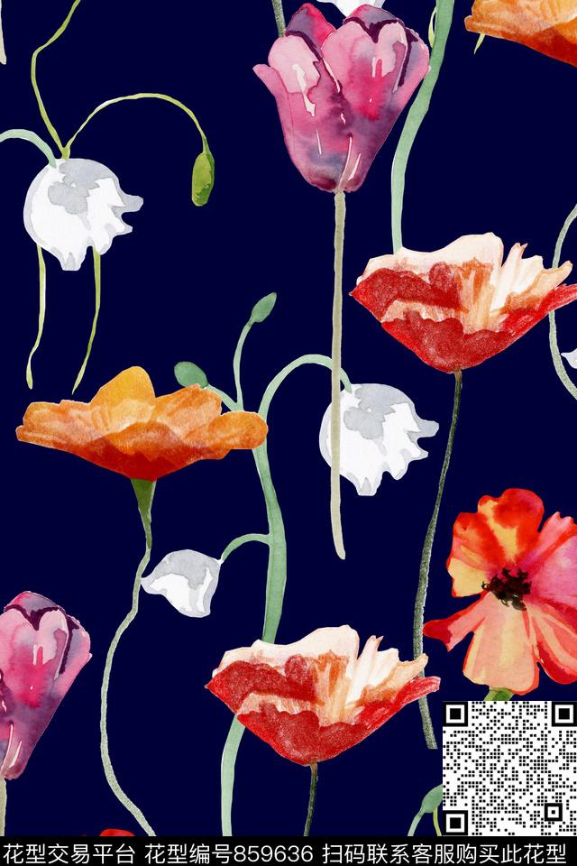 时尚手绘水彩数码印花华亿平台下载（图片编号: 859636） - 瓦栏（Walan）