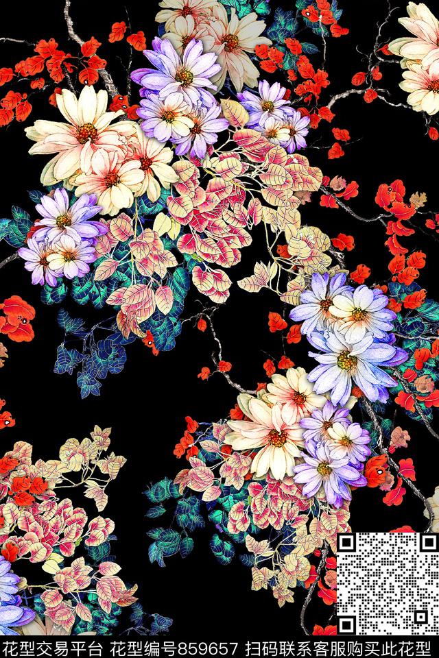 民族风手绘花卉数码印花华亿平台下载（图片编号: 859657） - 瓦栏（Walan）