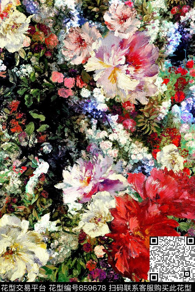 花卉油画复古数码印花华亿平台下载（图片编号: 859678） - 瓦栏（Walan）