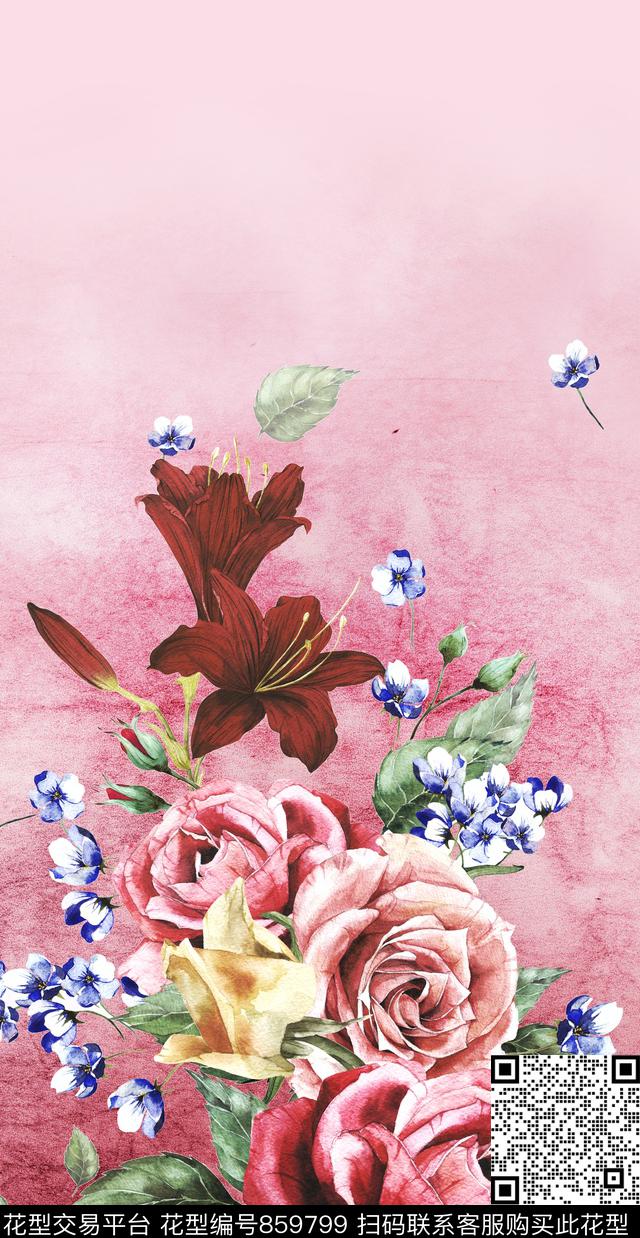 定位大气花卉玫瑰百合数码印花华亿平台下载（图片编号: 859799） - 瓦栏（Walan）